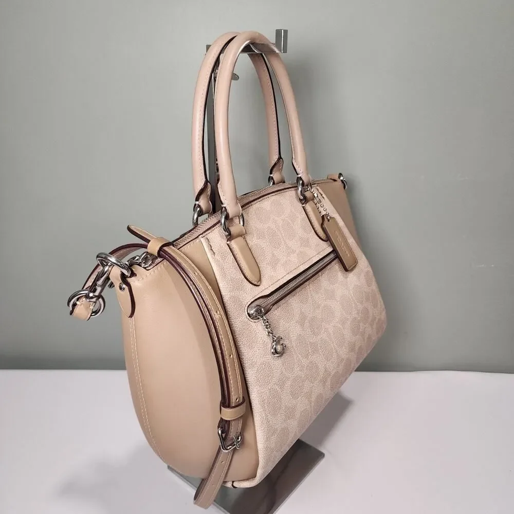 Coach 79364 Signature Ellis Satchel Prairie Canvas Light Nickel Sand Taupe